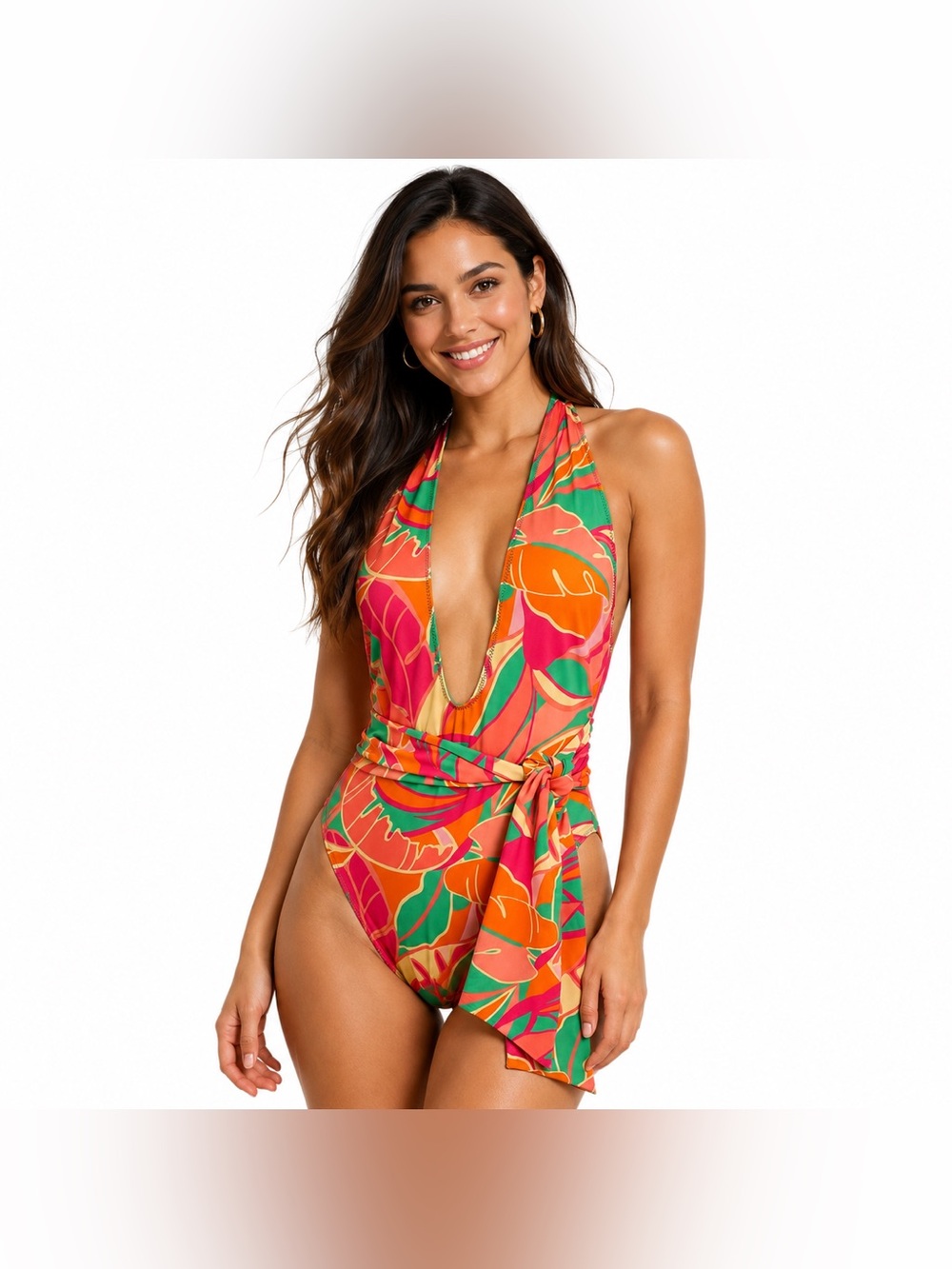 Ramy Brook Palm Printed Raquel One Piece Swimsuit Plunge Halter Tie SZ Small